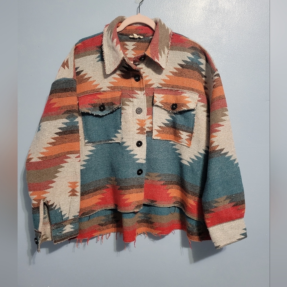 La Miel Womens Aztec Oversized Cropped Shirt Jacket S